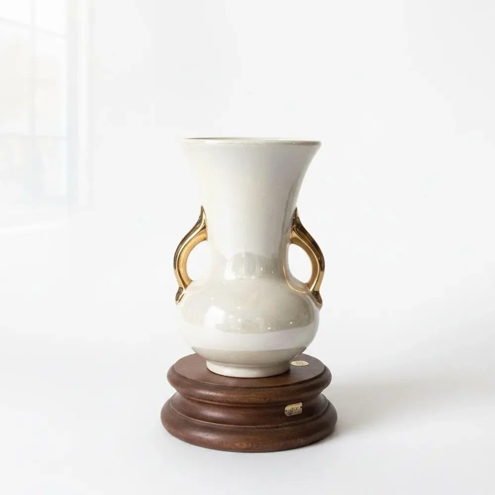 Pioneer Pottery USA 6 Inch Lusterware Vase Double Handle Warranted 22K Gold